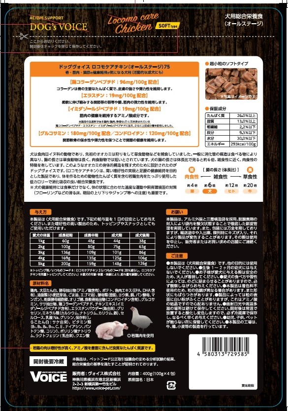 ドッグヴォイス　ロコモケアチキン 骨・筋肉・関節の健康維持が気になる犬用 （オールステージ）　４００ｇ